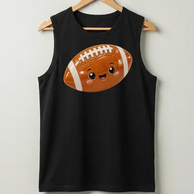 3D illustration of a cute cartoon football character in brown, white, and black — printed on a tank top
