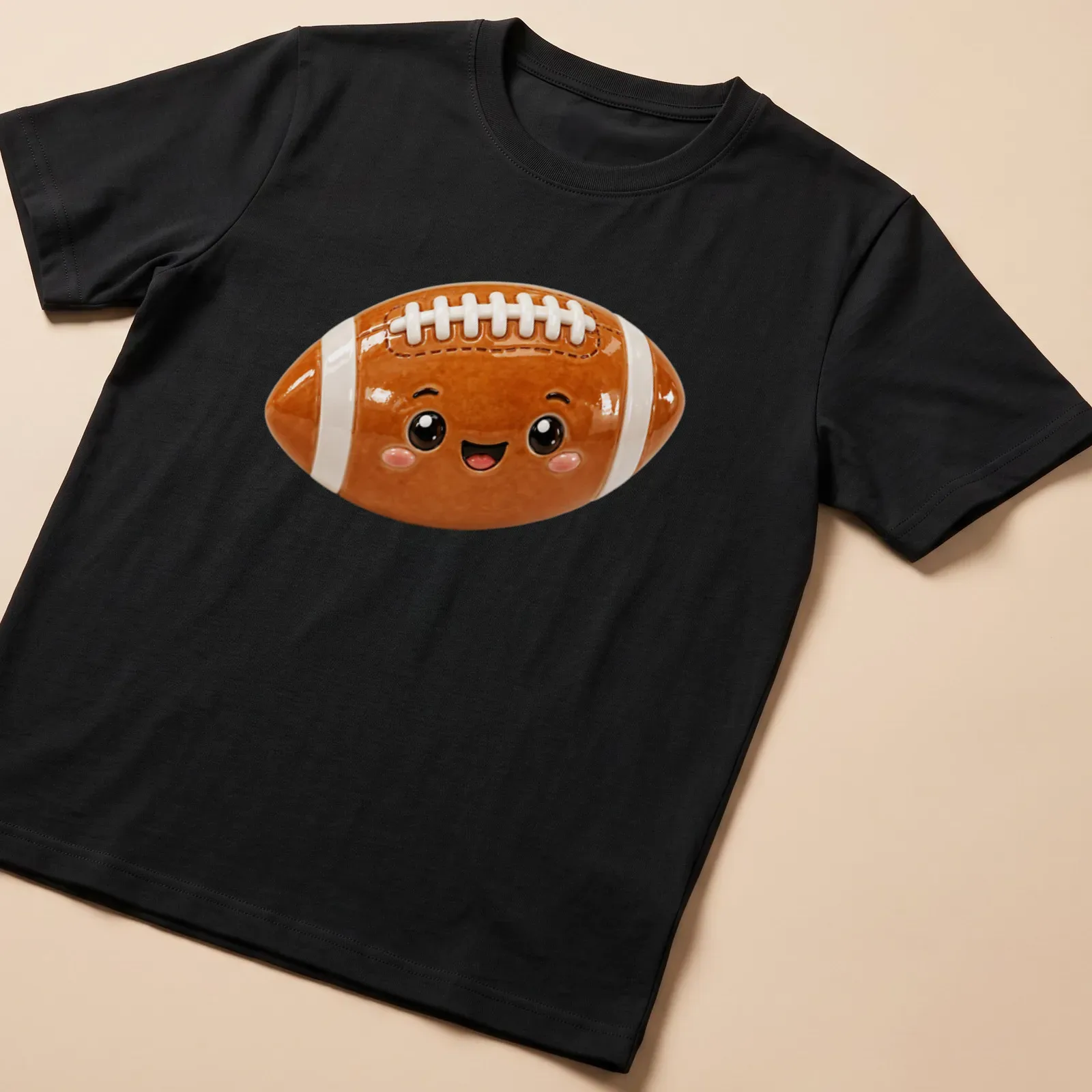 3D illustration of a cute cartoon football character in brown, white, and black — printed on a unisex t-shirt