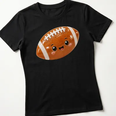 3D illustration of a cute cartoon football character in brown, white, and black — printed on a women's shirt