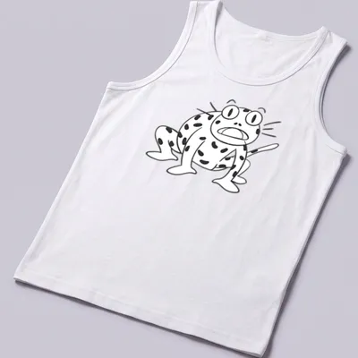 Kawaii cartoon frog character t-shirt in black and white line-art — printed on a tank top