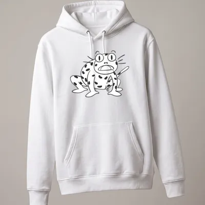 Kawaii cartoon frog character t-shirt in black and white line-art — printed on a unisex hoodie