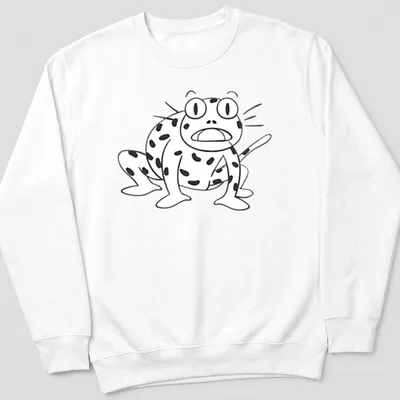Kawaii cartoon frog character t-shirt in black and white line-art — printed on a unisex sweatshirt
