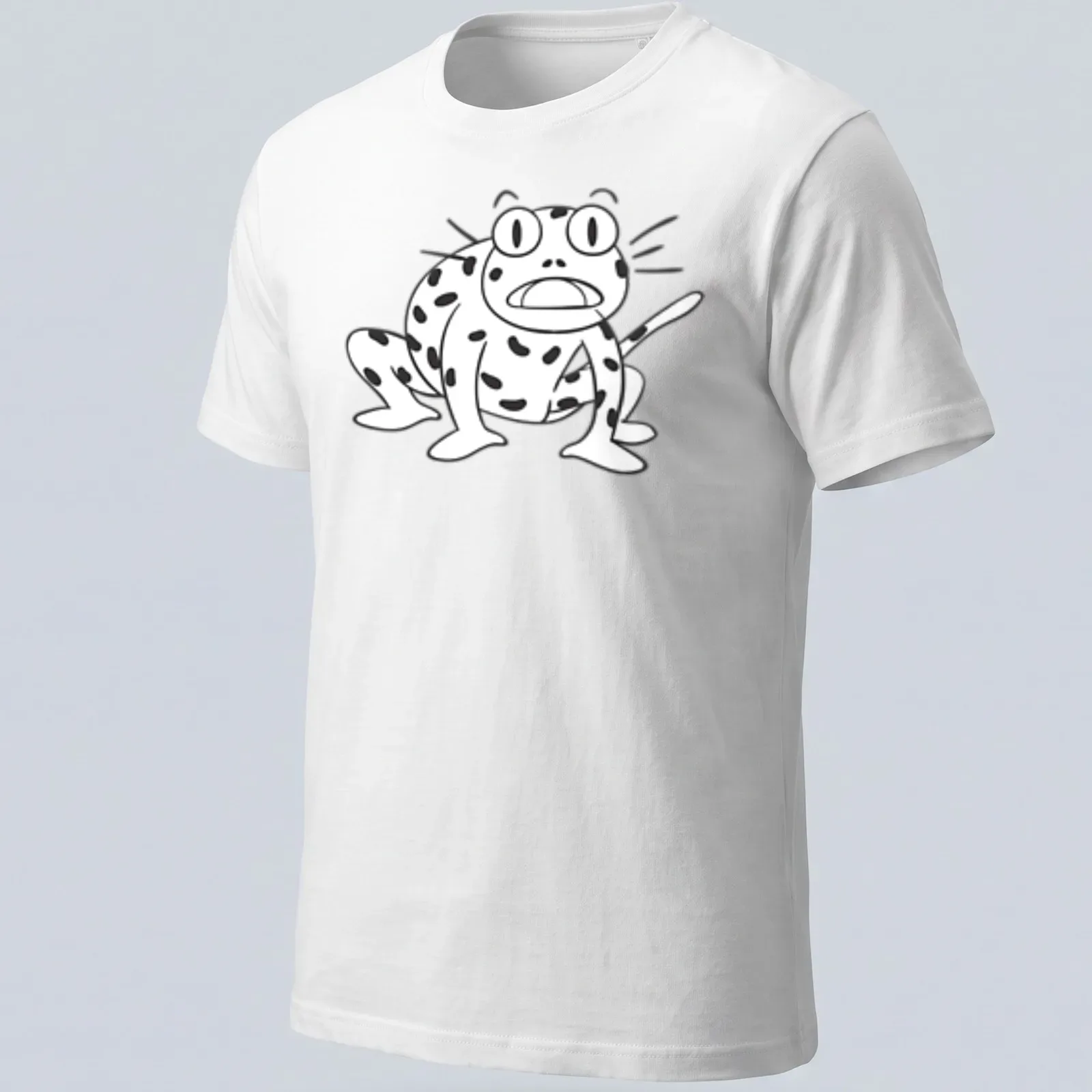 Kawaii cartoon frog character t-shirt in black and white line-art — printed on a unisex t-shirt