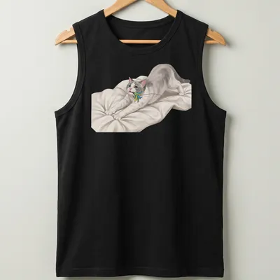Realistic print of a cute cat stretching towards a colorful feather toy — printed on a tank top