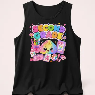 Kawaii design of a cute dumpling with colorful text promoting learning — printed on a tank top