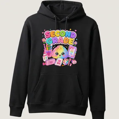 Kawaii design of a cute dumpling with colorful text promoting learning — printed on a unisex hoodie