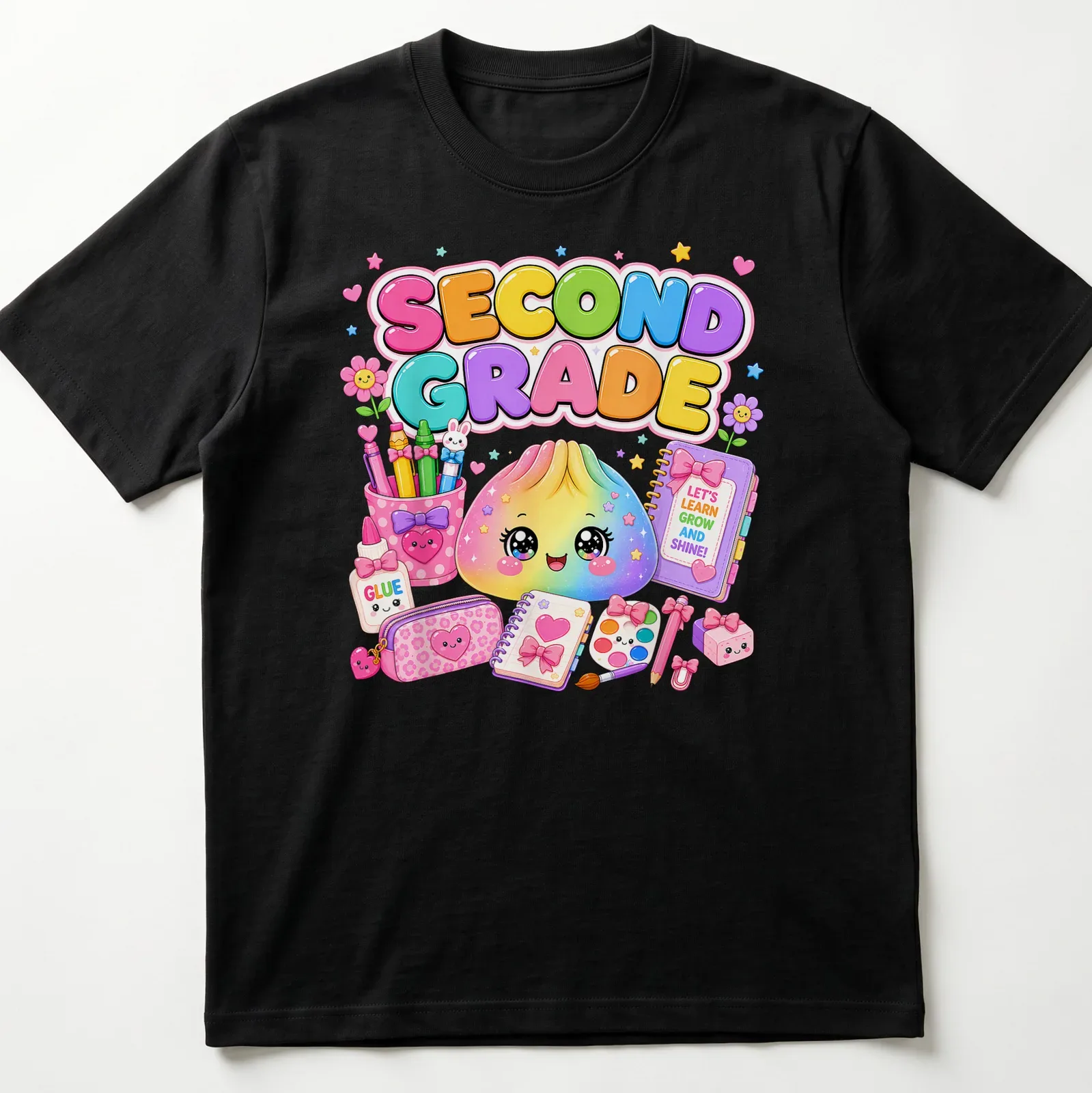 Kawaii design of a cute dumpling with colorful text promoting learning — printed on a unisex t-shirt