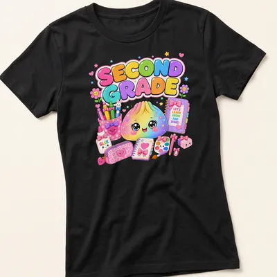 Kawaii design of a cute dumpling with colorful text promoting learning — printed on a women's shirt