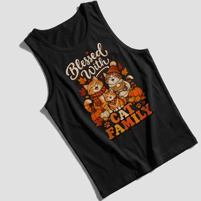 Cute cartoon cat family surrounded by autumn leaves with the phrase Blessed With Cat Family — printed on a tank top