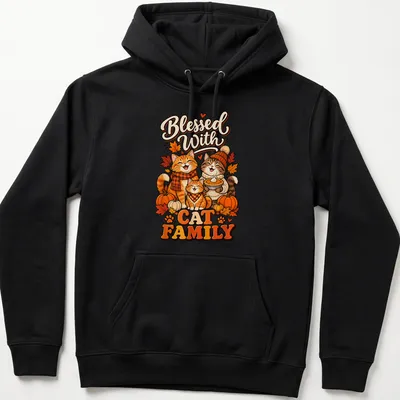 Cute cartoon cat family surrounded by autumn leaves with the phrase Blessed With Cat Family — printed on a unisex hoodie