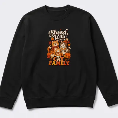 Cute cartoon cat family surrounded by autumn leaves with the phrase Blessed With Cat Family — printed on a unisex sweatshirt
