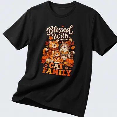 Cute cartoon cat family surrounded by autumn leaves with the phrase Blessed With Cat Family — printed on a unisex t-shirt