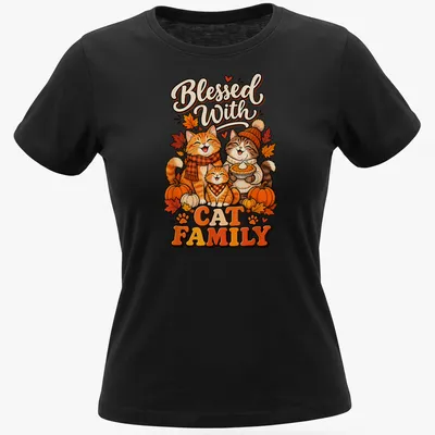 Cute cartoon cat family surrounded by autumn leaves with the phrase Blessed With Cat Family — printed on a women's shirt