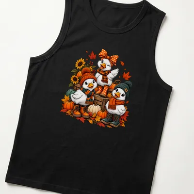 Colorful cartoon design of cute ducks in cozy sweaters for autumn. — printed on a tank top
