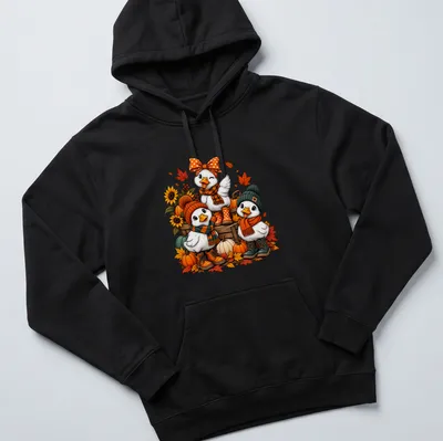 Colorful cartoon design of cute ducks in cozy sweaters for autumn. — printed on a unisex hoodie