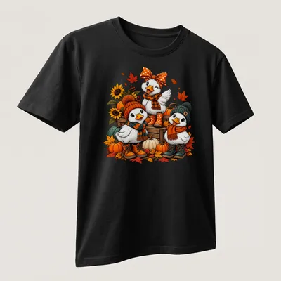 Colorful cartoon design of cute ducks in cozy sweaters for autumn. — printed on a unisex t-shirt (angled view)