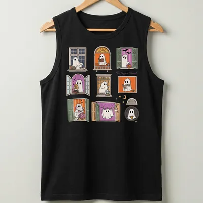 Kawaii style design of cute ghosts in windows with colorful accents — printed on a tank top