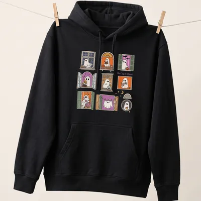 Kawaii style design of cute ghosts in windows with colorful accents — printed on a unisex hoodie