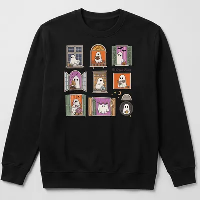 Kawaii style design of cute ghosts in windows with colorful accents — printed on a unisex sweatshirt