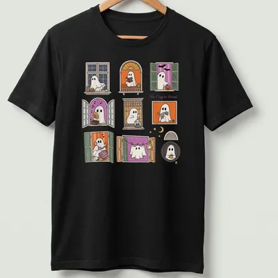 Kawaii style design of cute ghosts in windows with colorful accents