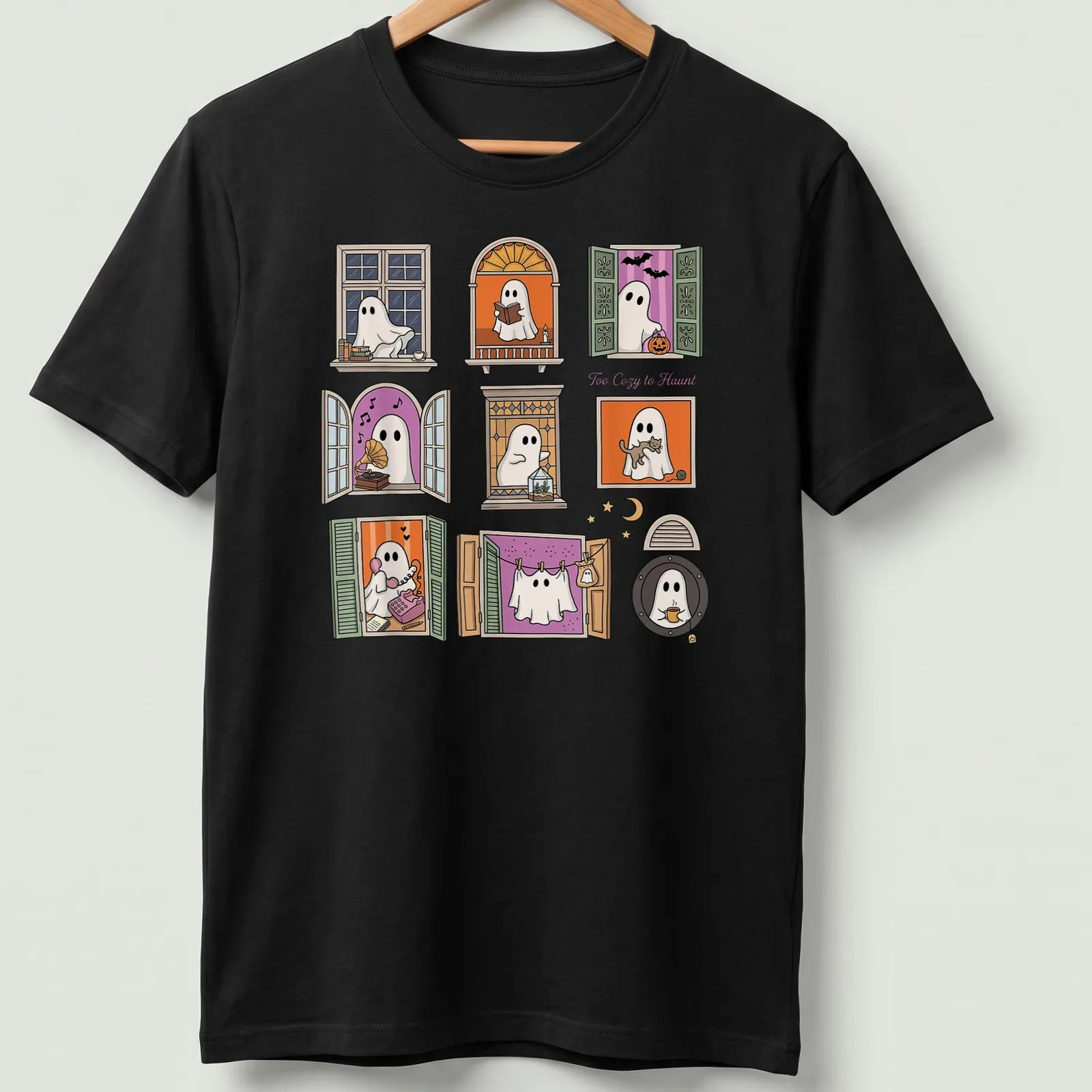 Kawaii style design of cute ghosts in windows with colorful accents — printed on a unisex t-shirt