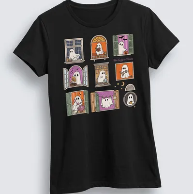 Kawaii style design of cute ghosts in windows with colorful accents — printed on a women's shirt