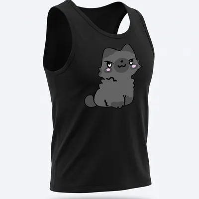 Kawaii-style gray cat character design featuring big eyes and a smile — printed on a tank top