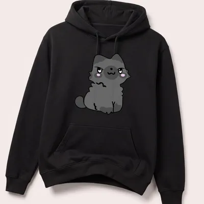 Kawaii-style gray cat character design featuring big eyes and a smile — printed on a unisex hoodie