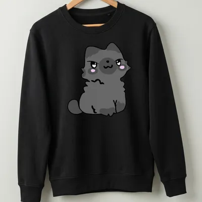 Kawaii-style gray cat character design featuring big eyes and a smile — printed on a unisex sweatshirt