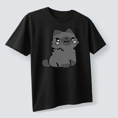 Kawaii-style gray cat character design featuring big eyes and a smile — printed on a unisex t-shirt (angled view)