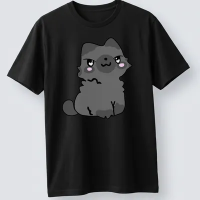 Kawaii-style gray cat character design featuring big eyes and a smile