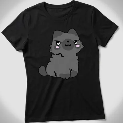 Kawaii-style gray cat character design featuring big eyes and a smile — printed on a women's shirt