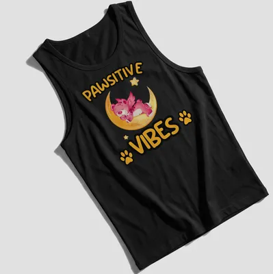 Kawaii design of a magical bear on a moon with the text Pawsitive Vibes — printed on a tank top