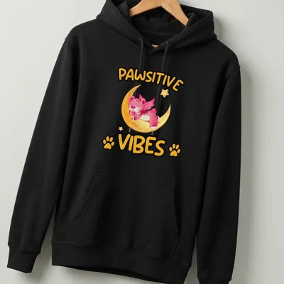 Kawaii design of a magical bear on a moon with the text Pawsitive Vibes — printed on a unisex hoodie