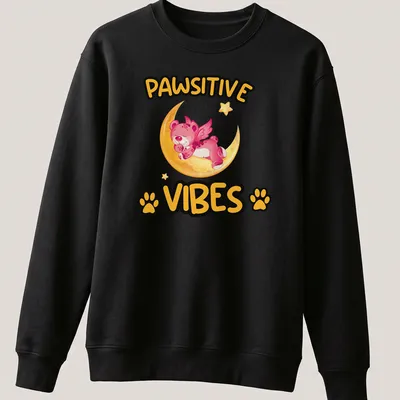 Kawaii design of a magical bear on a moon with the text Pawsitive Vibes — printed on a unisex sweatshirt