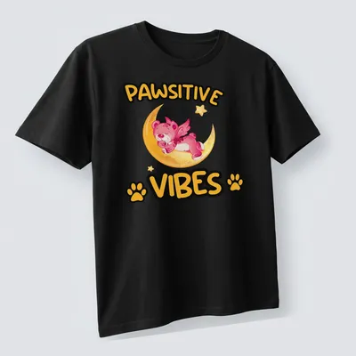 Kawaii design of a magical bear on a moon with the text Pawsitive Vibes — printed on a unisex t-shirt (angled view)