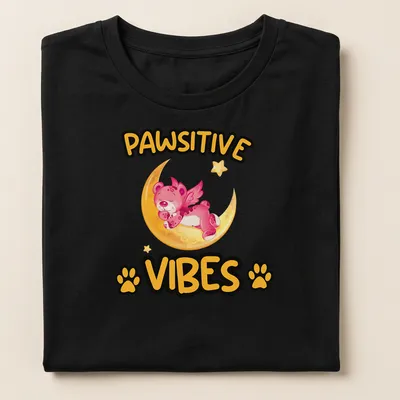 Kawaii design of a magical bear on a moon with the text Pawsitive Vibes — printed on a women's shirt