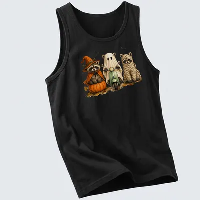 Vintage illustration of three cute raccoons in Halloween costumes on a scooter — printed on a tank top