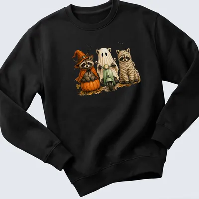 Vintage illustration of three cute raccoons in Halloween costumes on a scooter — printed on a unisex sweatshirt