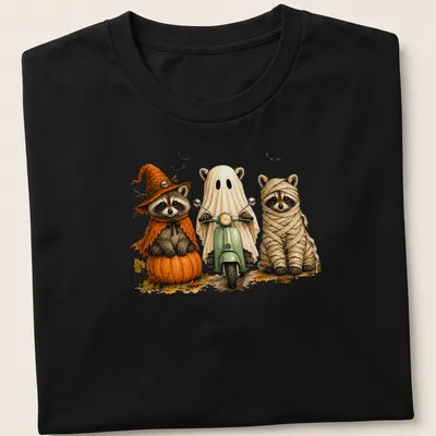Vintage illustration of three cute raccoons in Halloween costumes on a scooter