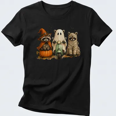 Vintage illustration of three cute raccoons in Halloween costumes on a scooter — printed on a women's shirt