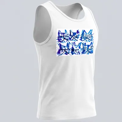 Artistic abstract cattos design with blue and purple brushstrokes. — printed on a tank top