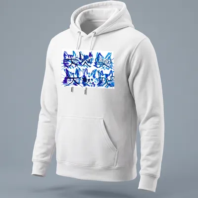 Artistic abstract cattos design with blue and purple brushstrokes. — printed on a unisex hoodie