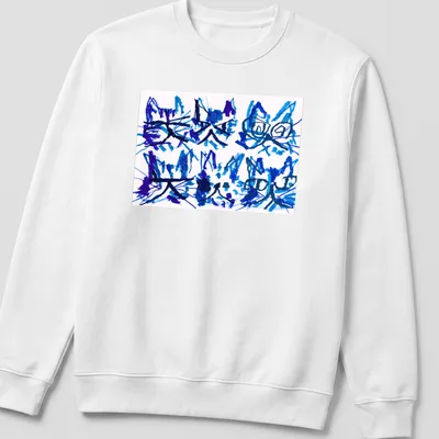 Artistic abstract cattos design with blue and purple brushstrokes. — printed on a unisex sweatshirt