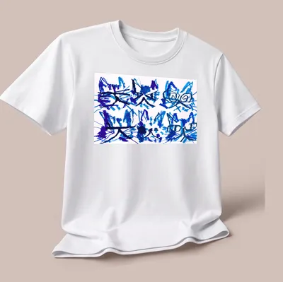 Artistic abstract cattos design with blue and purple brushstrokes. — printed on a unisex t-shirt (angled view)