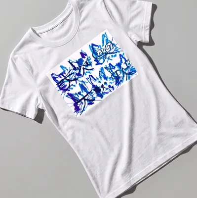 Artistic abstract cattos design with blue and purple brushstrokes. — printed on a women's shirt