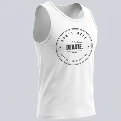 Vintage distressed badge design with the text Don't Hate. Debate. Have The Conversation. — printed on a tank top