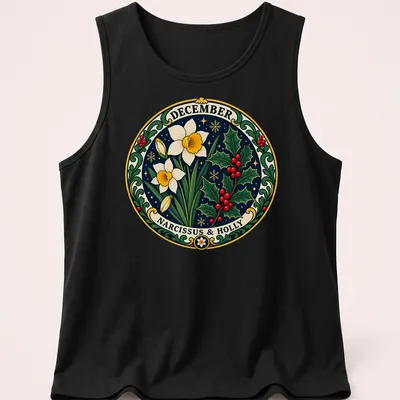 Vintage botanical print featuring Narcissus flowers and holly with the text 'DECEMBER NARCISSUS & HOLLY' — printed on a tank top