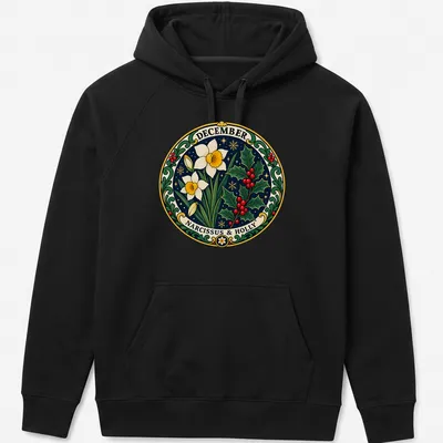 Vintage botanical print featuring Narcissus flowers and holly with the text 'DECEMBER NARCISSUS & HOLLY' — printed on a unisex hoodie