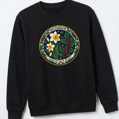 Vintage botanical print featuring Narcissus flowers and holly with the text 'DECEMBER NARCISSUS & HOLLY' — printed on a unisex sweatshirt